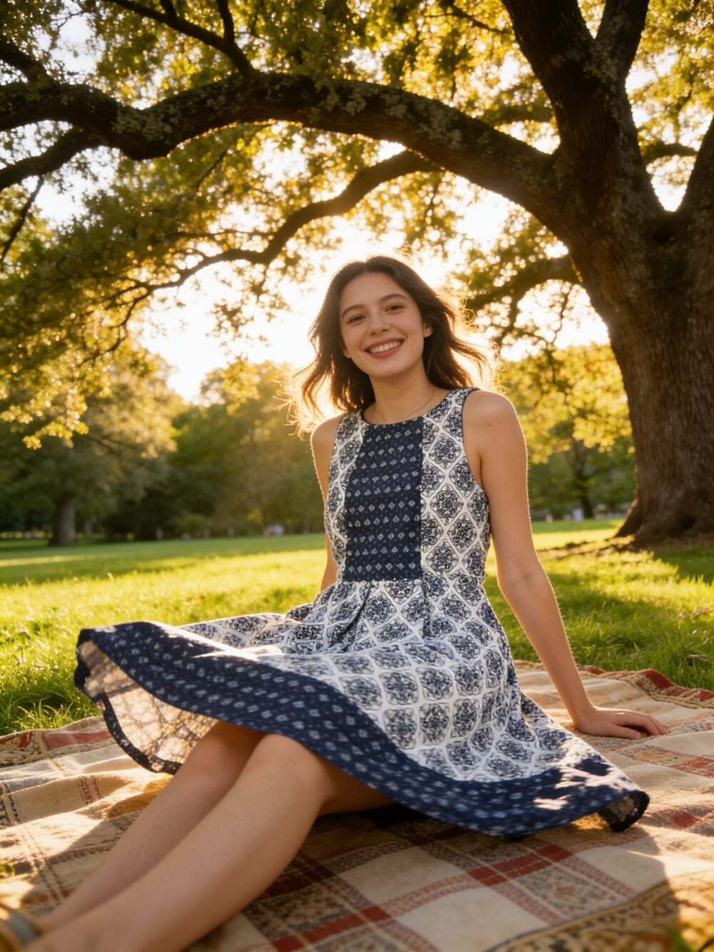 Rewind Sleeveless Blue and White Geometric Medallion Print Fit and Flare Dress X